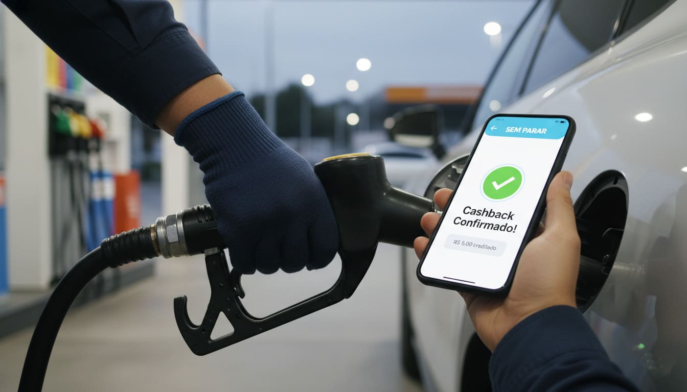 Pessoa abastecendo o carro enquanto visualiza a confirmação de cashback no aplicativo Sem Parar em seu smartphone
