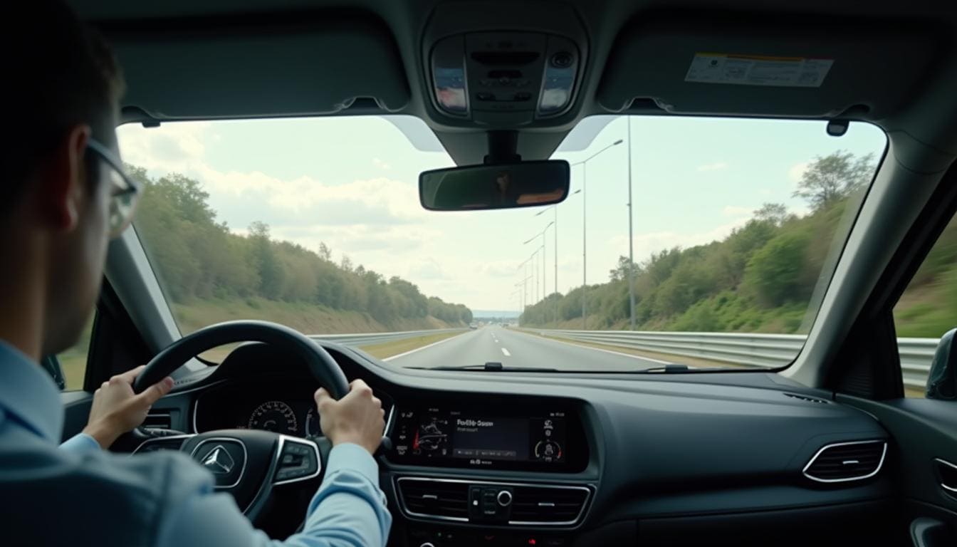 Visão do motorista passando por uma cancela automática de pedágio Sem Parar, que está se abrindo, enquanto outras cabines estão paradas.