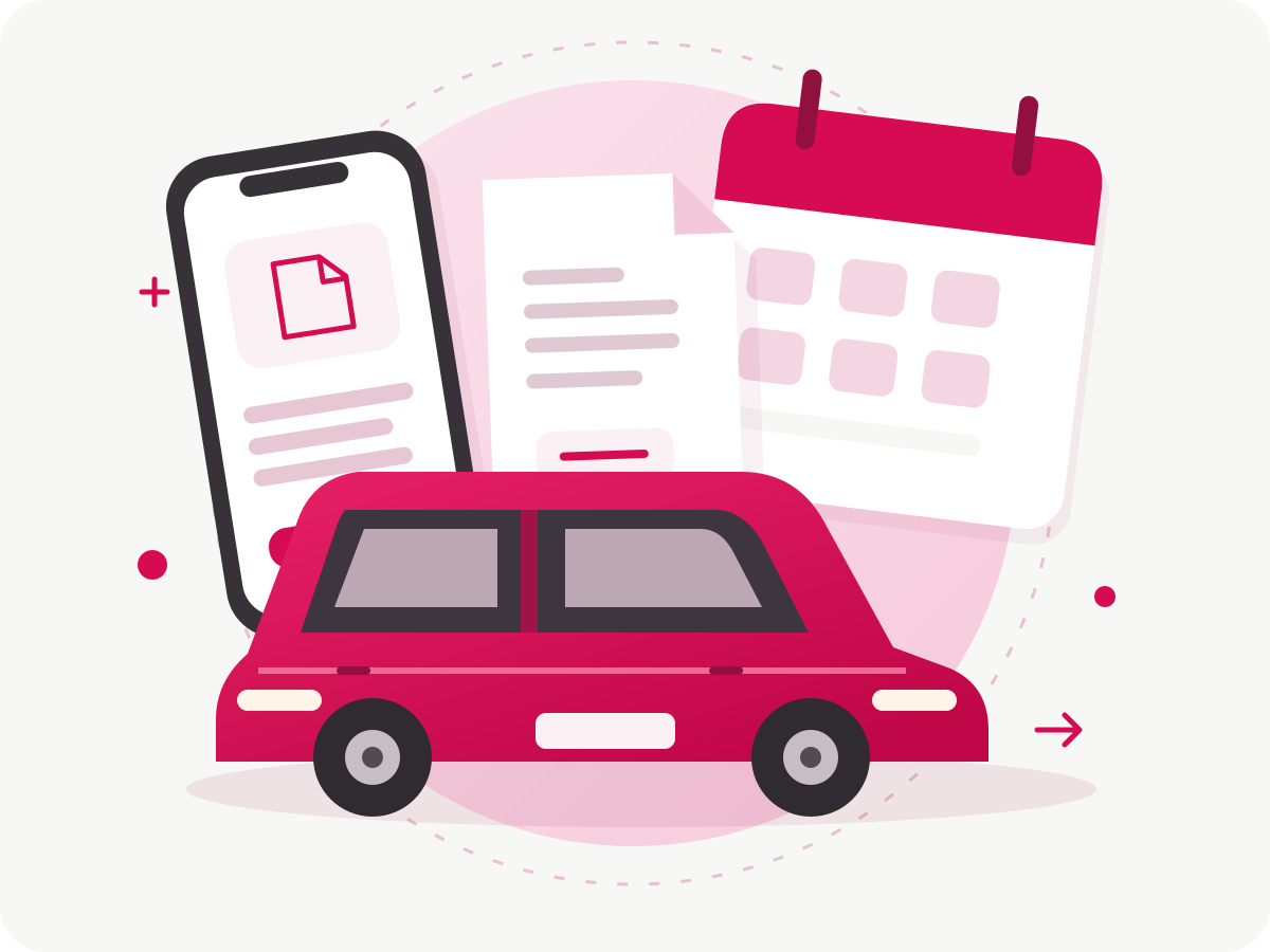 Ilustração de carro, calendário e documentos para organizar o IPVA