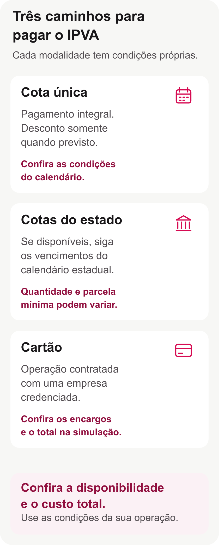 Três caminhos de pagamento do IPVA: cota única, parcelas estaduais e cartão em empresa credenciada.