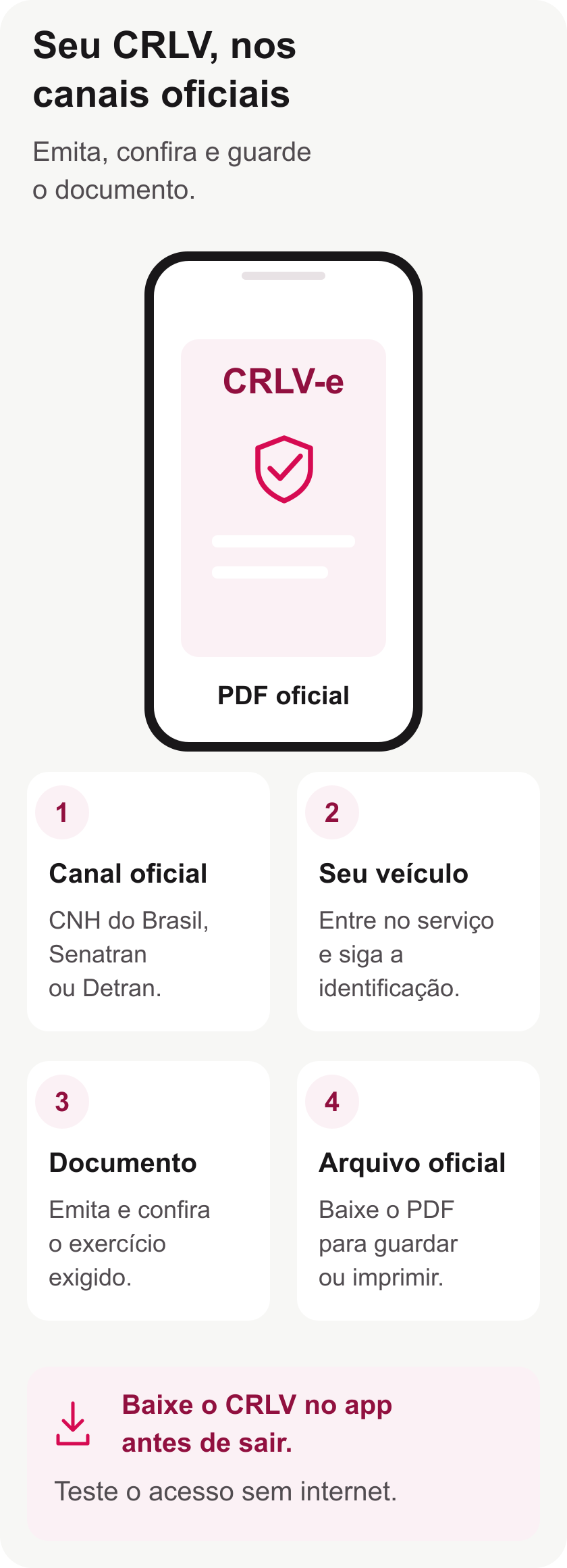 Telefone genérico com documento ilustrado e quatro orientações: canal oficial, acesso ao veículo, conferência do exercício e PDF para guardar ou imprimir.