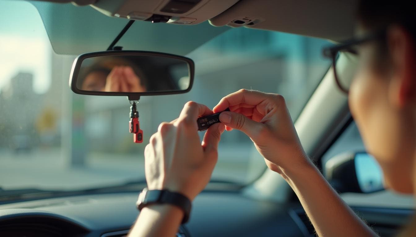 Close-up de mãos instalando cuidadosamente a tag adesiva Sem Parar no para-brisa de um veículo