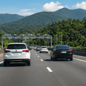 Rodovia no Rio de Janeiro com carros trafegando em direção a uma estrutura de pedágio.
