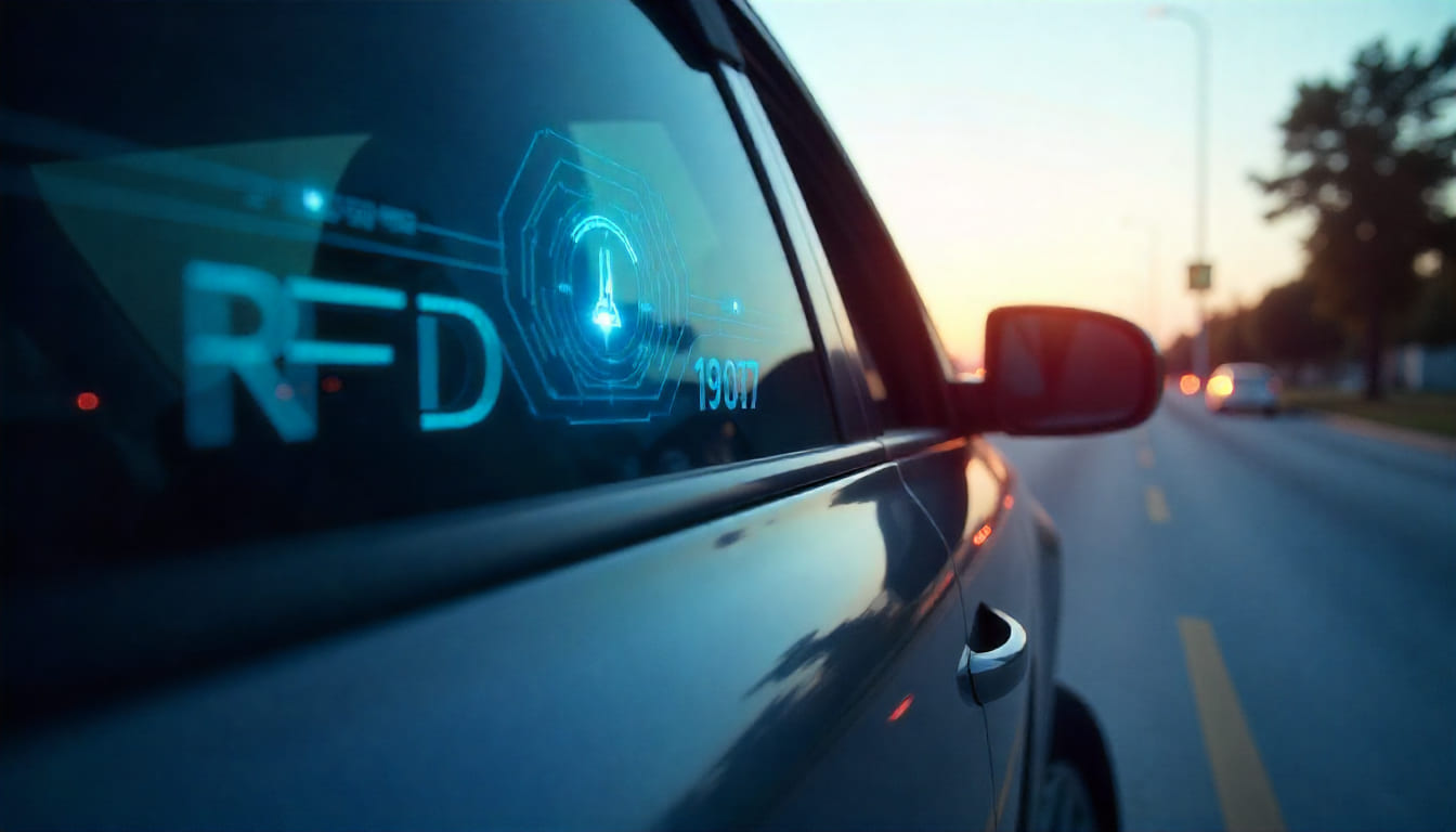 Imagem conceitual da tecnologia RFID do Sem Parar, mostrando uma interface gráfica sutil no para-brisa de um carro se comunicando com uma antena.